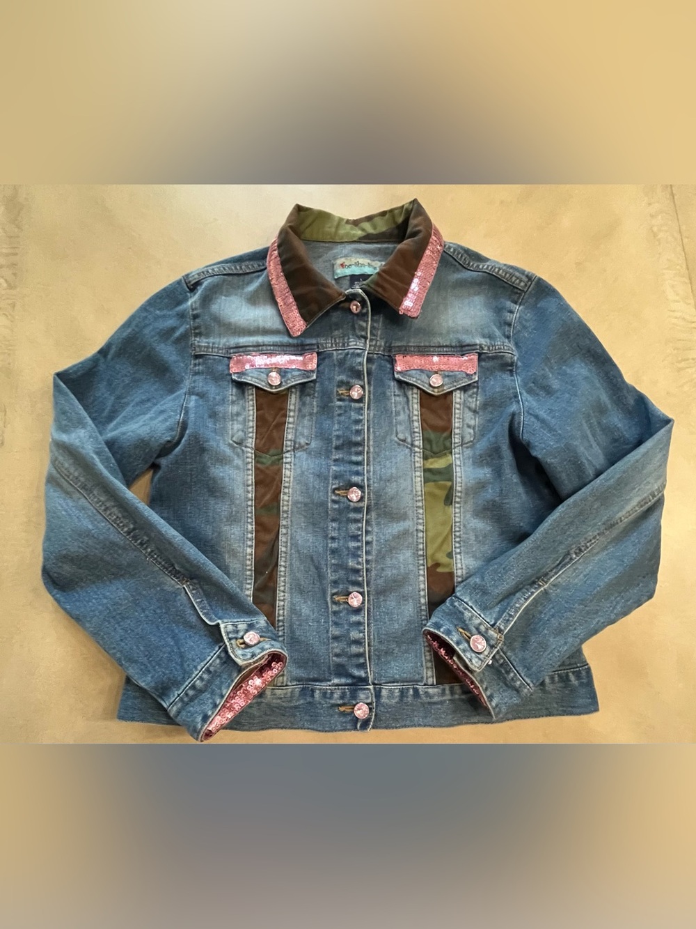 Too She She Embellished Camo Sequin Denim Jacket Size Large